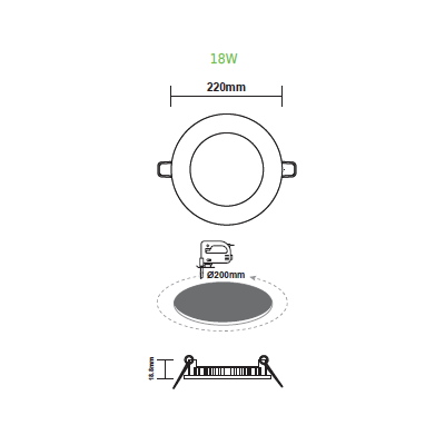 LED ΠΑΝΕΛ ΧΩΝΕΥΤΟ 230V AC 18W 6500K 1800LM Ra80...